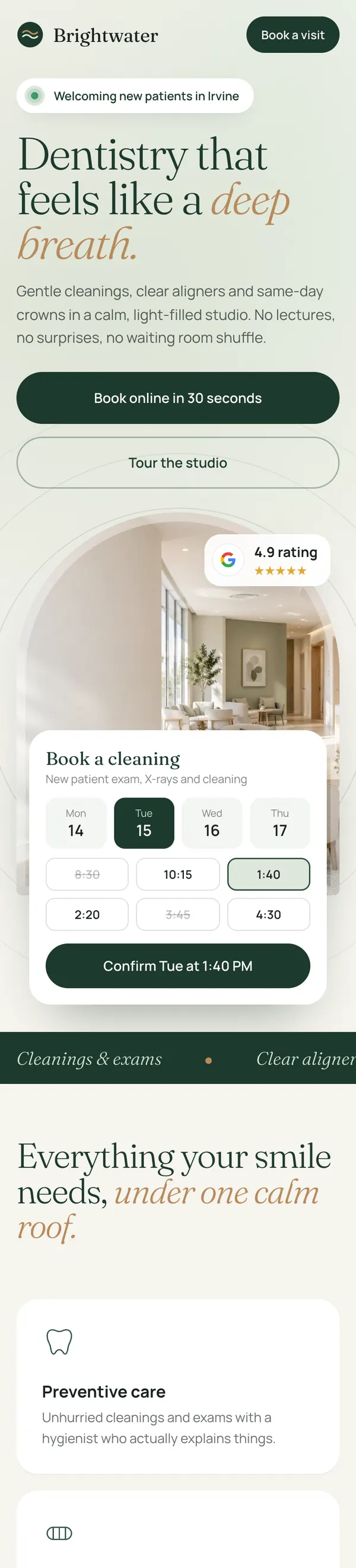Dental office website design for Brightwater Dental Studio, shown on a phone
